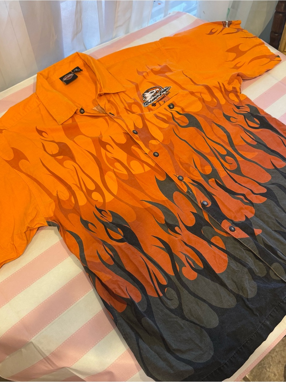 Vintage Harley Davidson Screaming Eagle Flames Button Up Shirt 2XL Orange Black